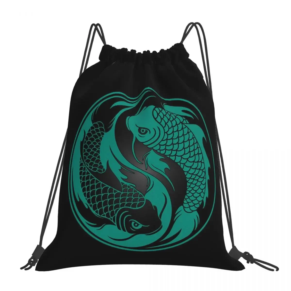 Teal Blue And Black Yin Yang Koi Fish Backpacks Drawstring Bags Drawstring Bundle Pocket Sports Bag BookBag For Travel School