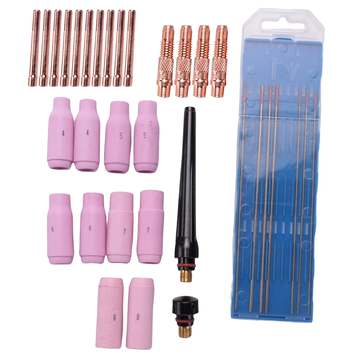 TIG Welding Accessories Set, Adapter Sleeves+ Housing+ Ceramic Nozzles+ Tungsten Electrodes for -26 TIG Welding Torch