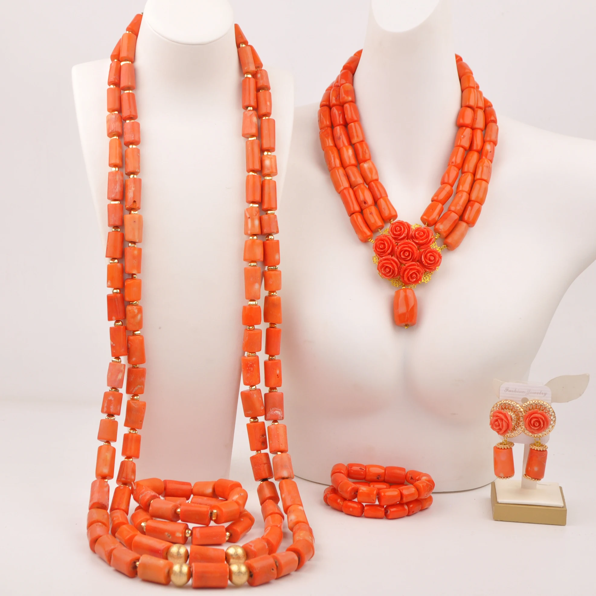 

Luxury Orange Original Coral Bead Jewelry Set for Couple Nigerian Wedding African Coral Set