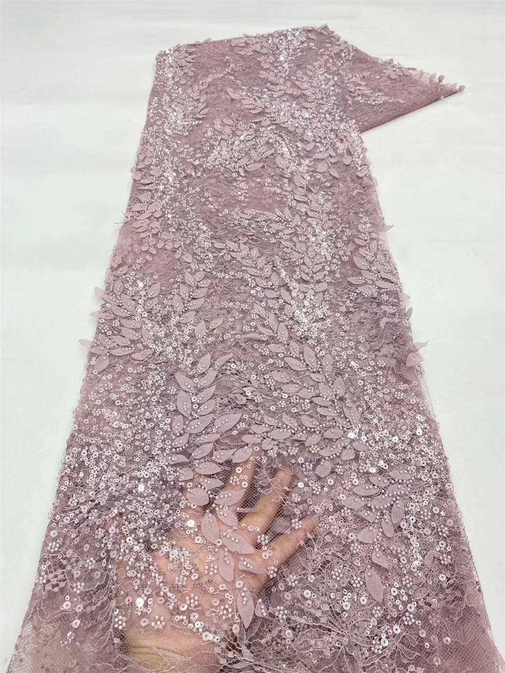 高級手作りビーズレース生地高 5 ヤード品質 2025 アフリカレース生地スパンコールピーチイブニングドレス用 A1226-1