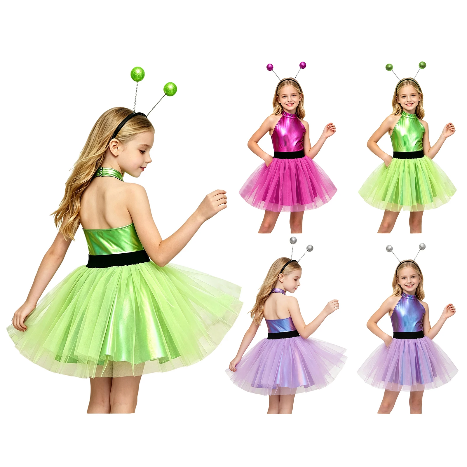 Kids Girls Alien Outfit Halter Sleeveless Backless Layered Ruffled Tulle Tutu Dress with Hair Hoop for Carnival Themed Party