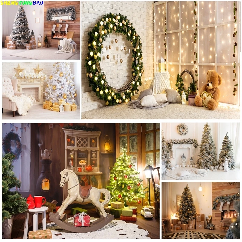 

Vinyl Custom Christmas Indoor Theme Photography Background Christmas tree Fireplace Children For Photo Backdrops YXSD-06
