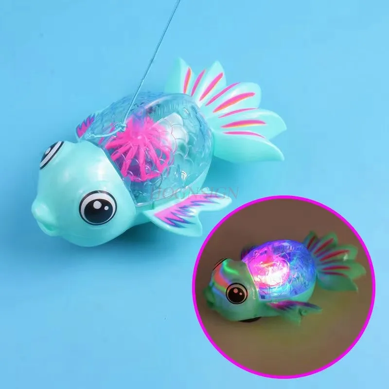 Rope pulling electric goldfish, music and lighting, universal walking, children's toy, rainbow fish