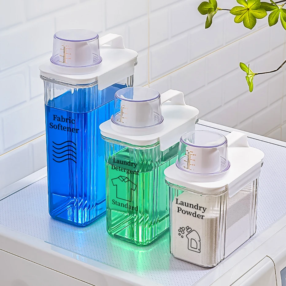 Clear Airtight Laundry Liquid Dispenser Detergent Powder Softener Dispense Tank with Measuring Cup Waterproof Labels