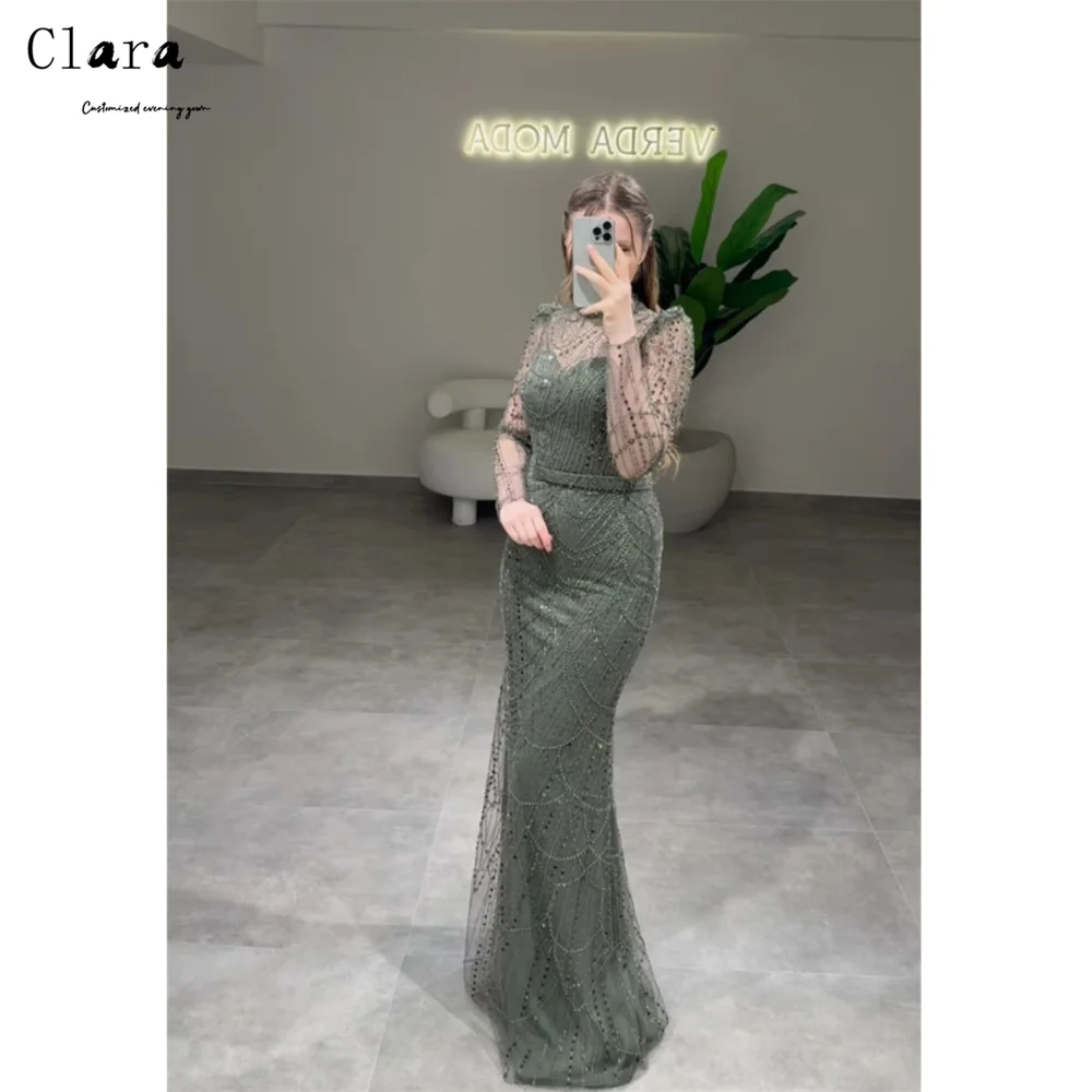 Clara Custom Perlen Fischschwanz Langarm Abendkleider für Frau Party Hochzeit Luxus Abendkleid 2025, Ballkleid Kleid Frauen