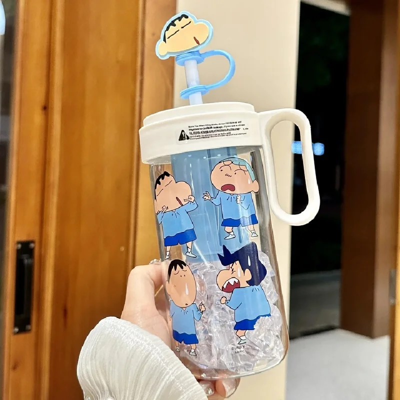 Crayon Shin Chan Boochan Cartoon Glass Straw Cup Comic Periphery Glass Cup with Hat Cute Portable A Girlfriend Birthday Girls