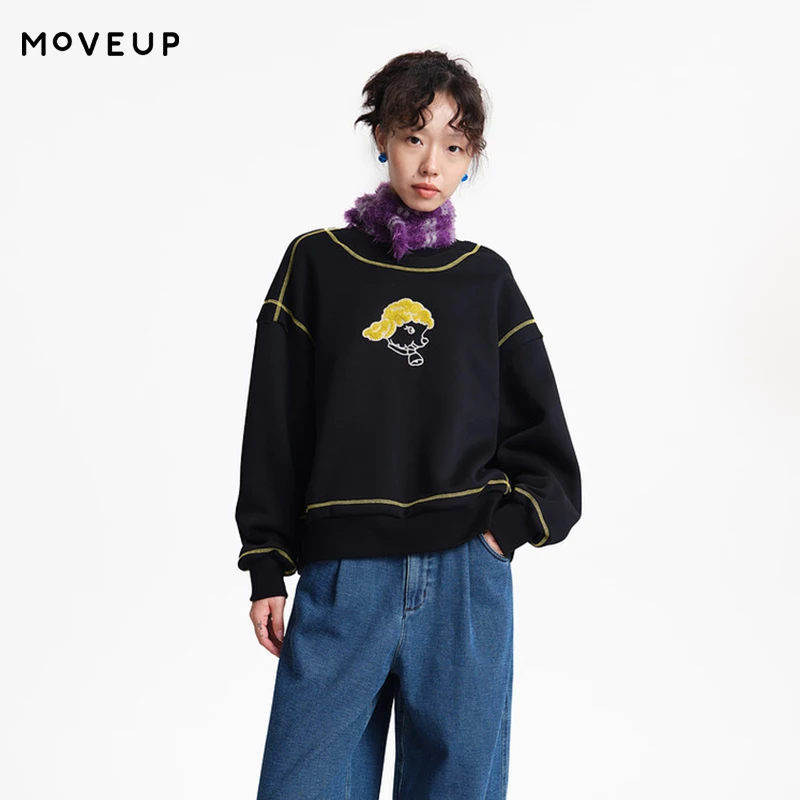MOVEUP Long Sleeved Round Neck Sweatshirt Winter Drop Sleeves Contrasting Cartoon Sheep Embroidery Warm Women's Top 3EWD11415