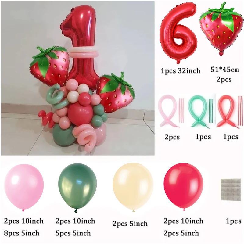 30pcs Strawberry Number Foil Balloon set Strawberry First 1st 2rd Birthday Party Decorations for Girl Sweet Fruit Party Supplies
