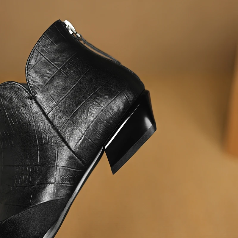 Women's new genuine leather, cowhide, horsehair splicing square toe, back zipper, middle heel, Chelsea short boots, fashion boot