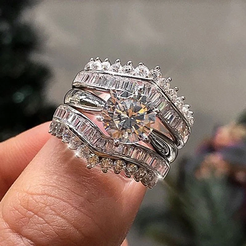 Huitan 2022 Trendy 3 Teile/satz Ringe für Frauen Silber Farbe Luxus Intarsien Weiß Zirkonia Mode Set Ringe Weiblichen Schmuck