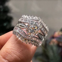 Huitan 2022 Trendy 3Pcs/set Rings for Women Silver Color Luxury Inlaid White Cubic Zirconia Fashion Set Rings Female Jewelry