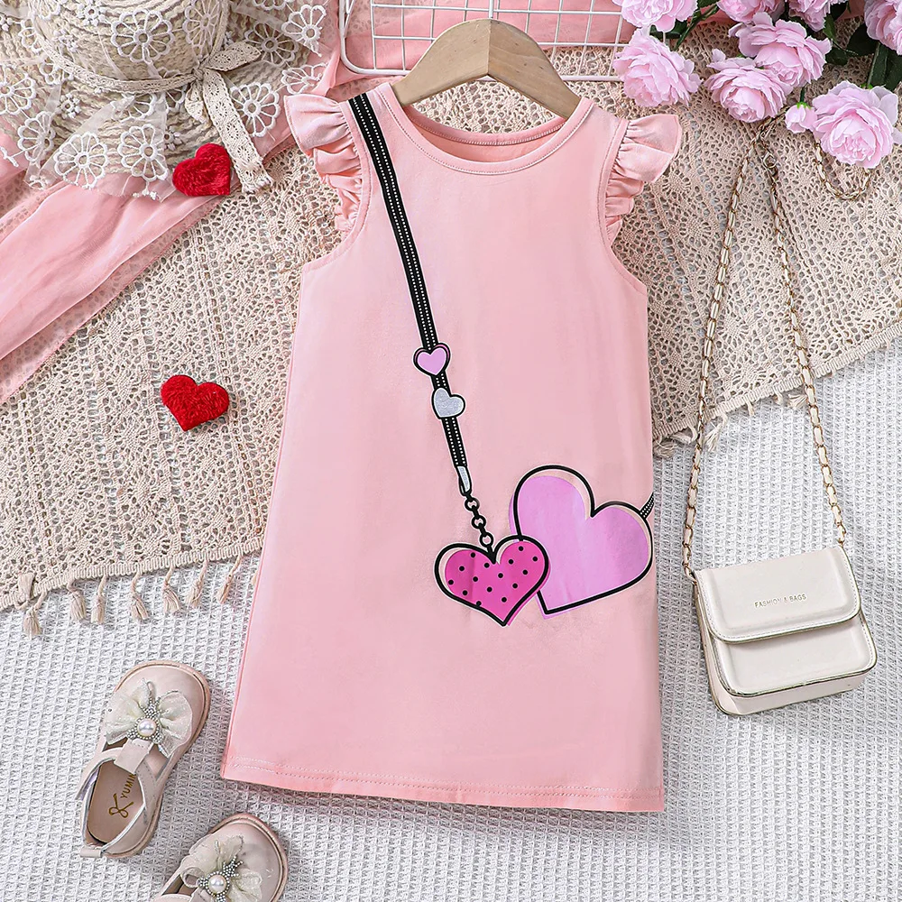 

2024 Summer New Arrival Girls Sleeveless Ruffles Print Heart Ruffles Pink Designer Cute Party Princess Dress Custume 4-7T