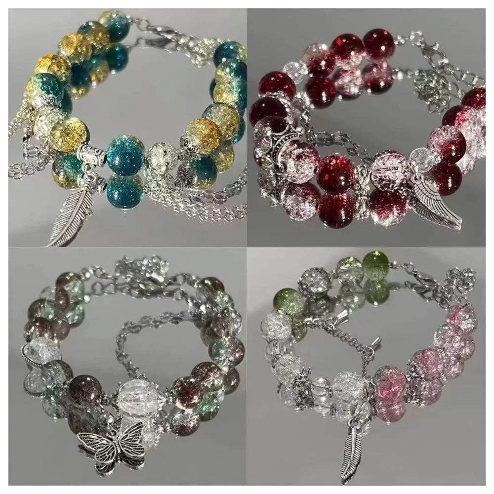 New Feather Pendant Beaded Bracelet Adjustable Length Chinese Style Bead Bracelets Handmade Butterfly Handchain for Girls Women