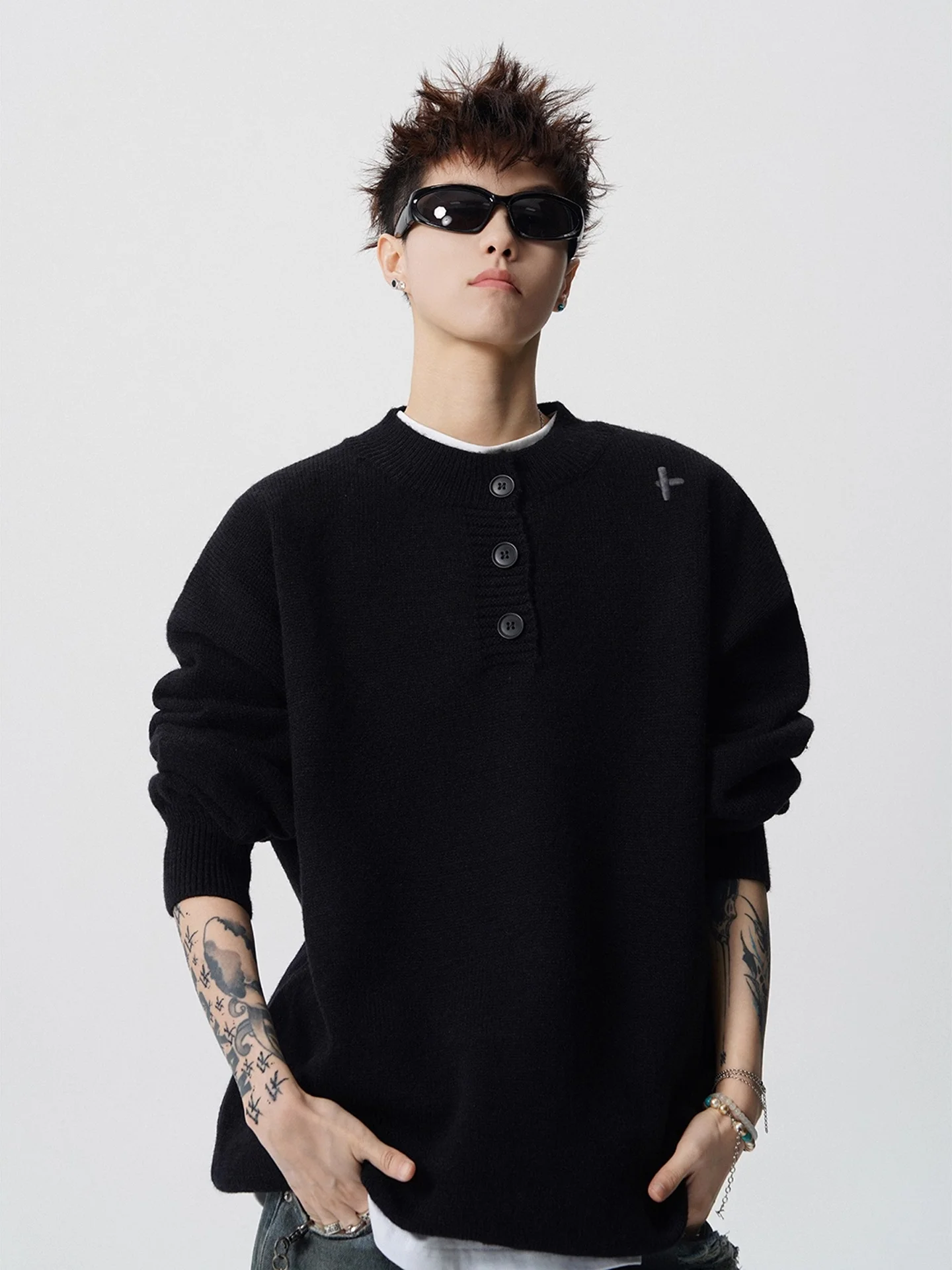 

Men's Knitted Sweater Henry Collar Embroidered Inner Wear Casual Sle mid Weight Long Sve Top for Autumn Winter