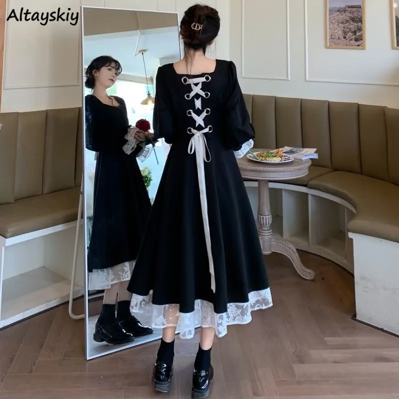 Long Sleeve Dress Women Elegant Ins Black All-match Fashion Spring M-4XL Square Collar Vintage Bandage Hepburn Patchwork Design