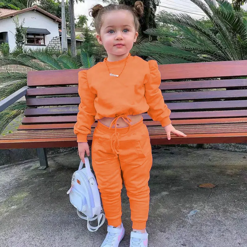 1-8Years Children\'s Kids Girls Fall Clothing Outfits Solid Color Long Sleeve Crop Tops+Sport Pants Trousers Fashion Clothes Sets