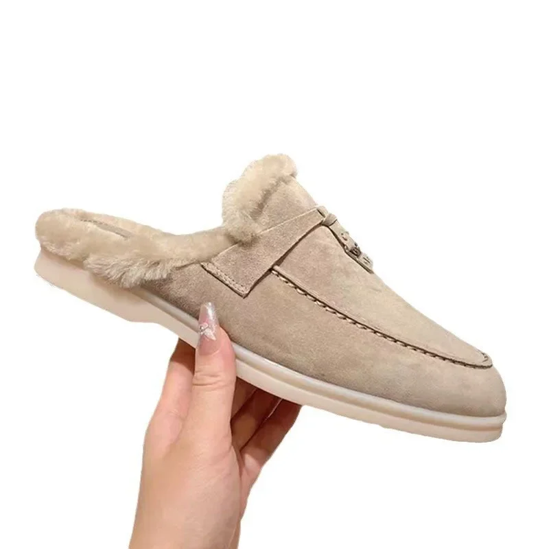 2025, italienische High-End-Loafer für Herbst und Winter, Samt-Taschenkopf, Schaffell, faule Schuhe, flacher Boden, halbhaariges Drag-Paar