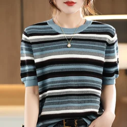 Summer 100% pure cotton women's T-shirt casual striped knitted pullover short sleeved loose round neck Tees Pull vest Tops