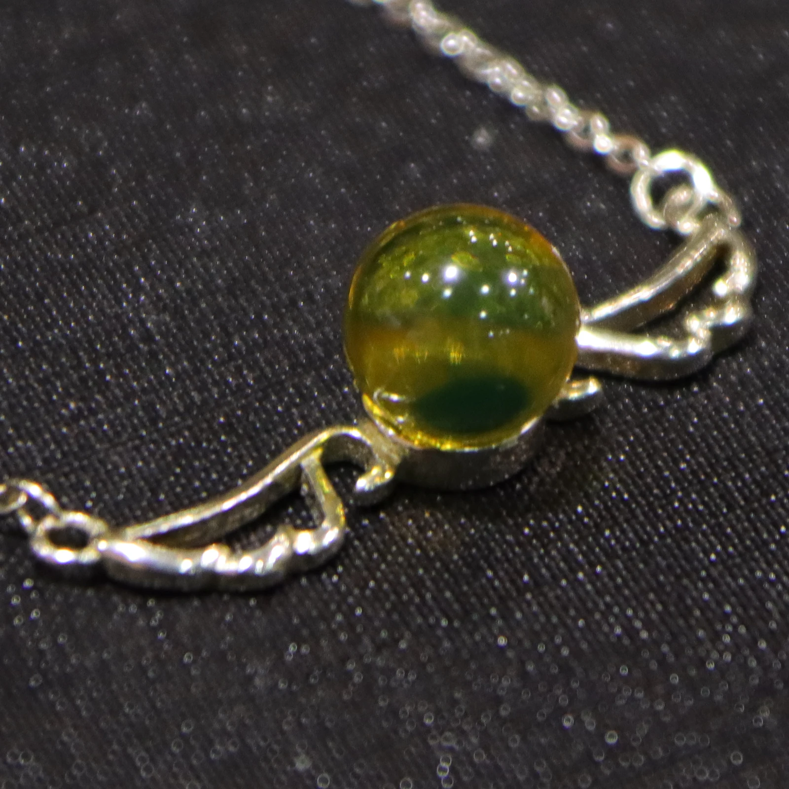 Silver Wings Pendant with Natural Mexican Blue Amber 8mm Amber Bead and Sterling Silver Chain