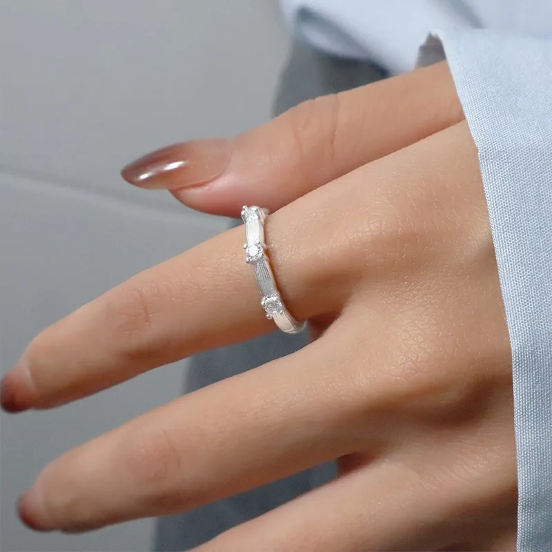 

925 Sterling Silver Chic Geometric Retro Brushed Zircon Adjustable Opening Ring for Women Fine Jewelry Minimalist Accessories