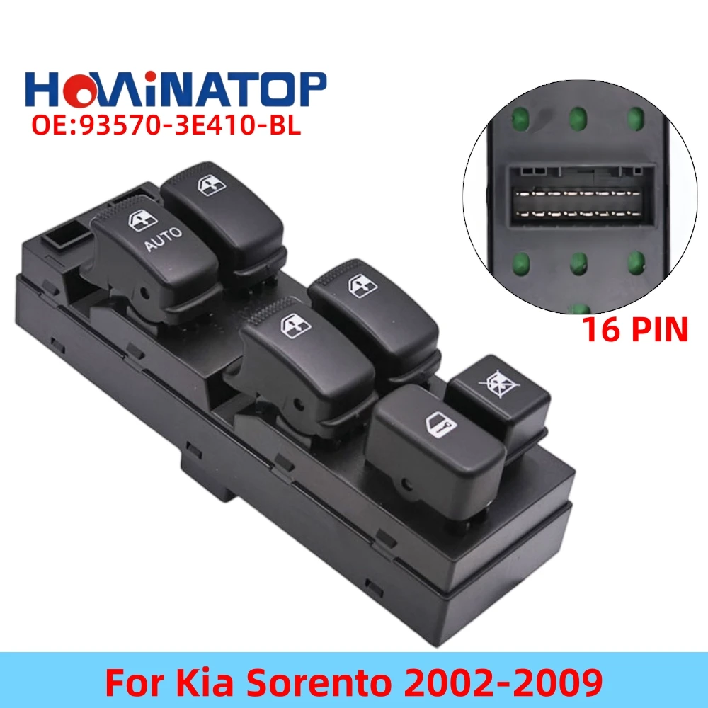 HOWINATOP 93570-3E410-BL 93570-3E210 16Pin Power Window Master Switch With Light For Kia Sorento 2002-2009 OEM Replacement