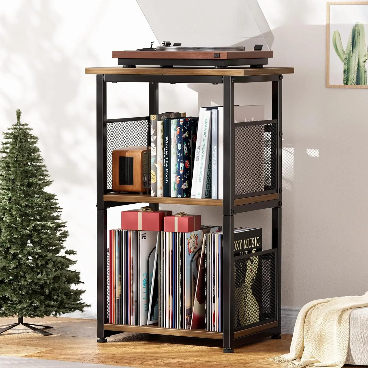 

Простая стильная подставка для проигрывателя винила, 3-ярусный высокий приставной столик с местом для хранения до 200 альбомов, цвет: рустик-коричневый