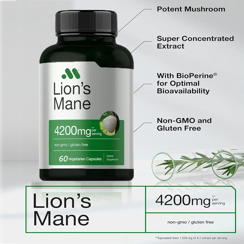 Lion mane mushroom extract | 4200 milligrams | 60 capsules | vegetarian, non genetically modified, gluten free supplement