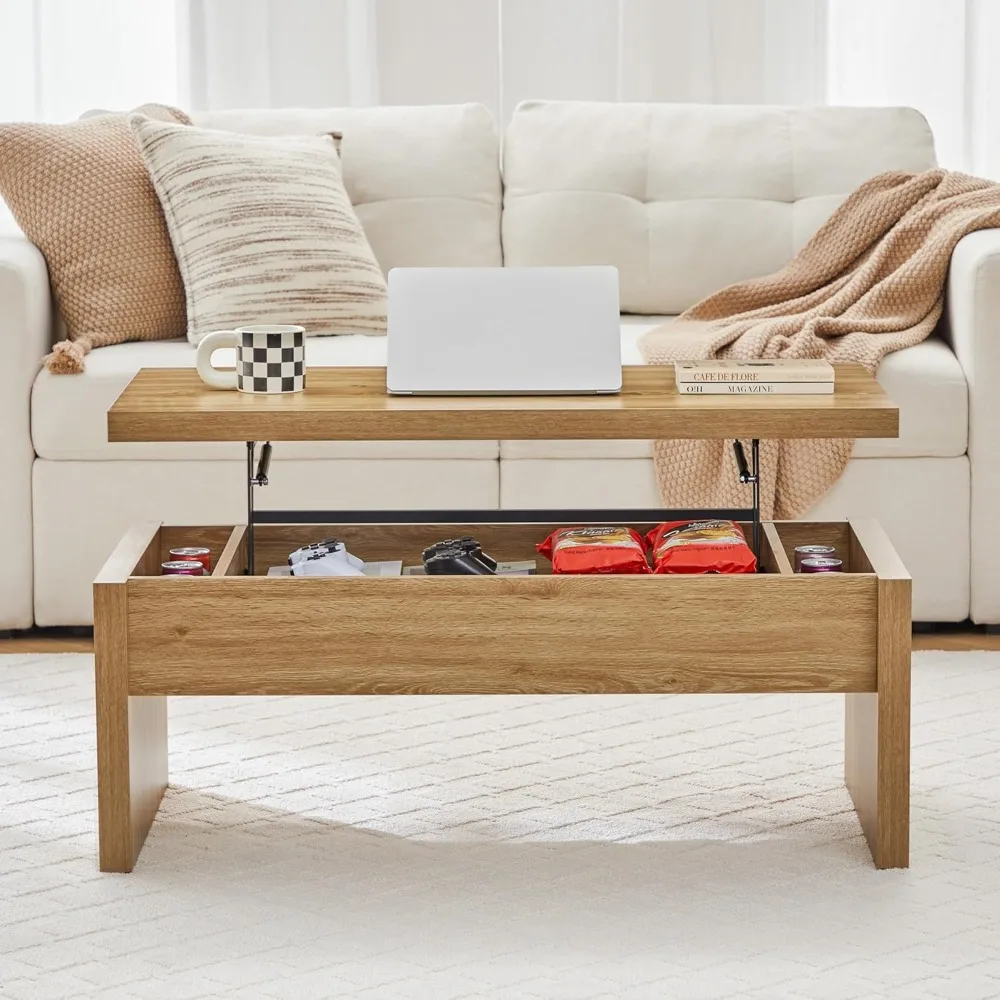 Small Lift Top Coffee Table, Wood Rectangle Coffee Table with Lifting Top and Hidden Storage Compartment, Mid Century Modern Cen