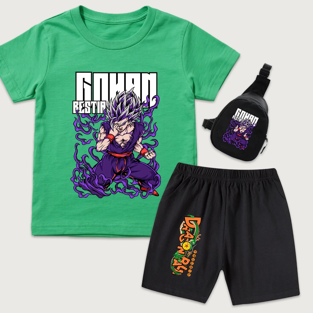 Dbz Gohan Bestia Anime Print Kids Cotton T Shirt Shorts Mini Chest Bag 3 Piece Set for Boys Girls Casual Summer Outfit