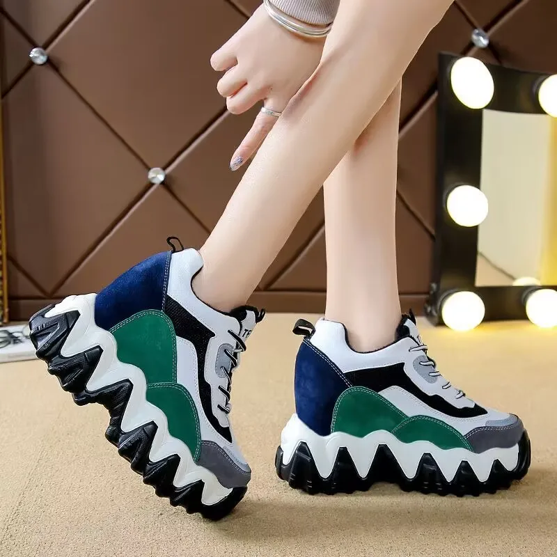 Platform Sneakers Women Suede Leather Patchwork Fabric Round Toe Mixed Color LaceUp Chunky Sole Ladies Trainers zapatos de mujer