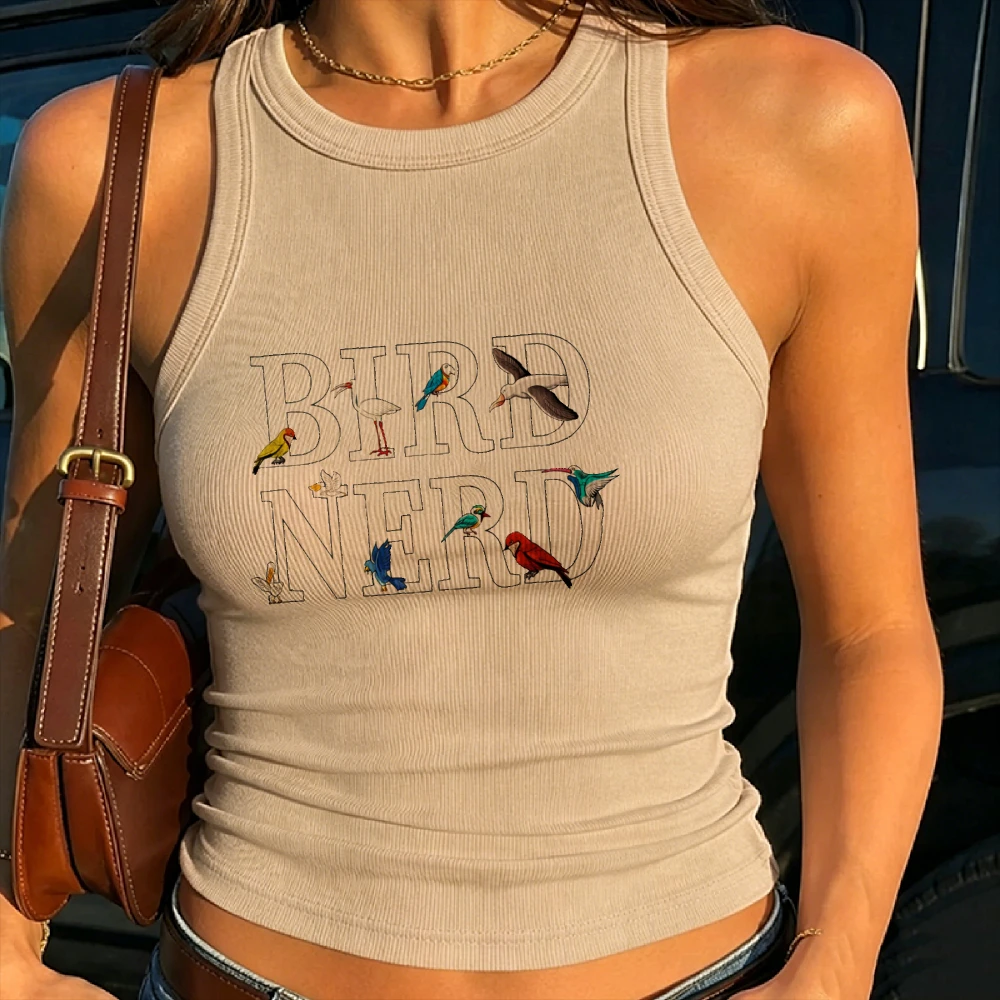 Bird Nerd Colorful Bird Silhouette Graphic Ribbed Crop Tank Women Bird Watcher Nature Lover Sleeveless Hobby Gift Tank Camisole