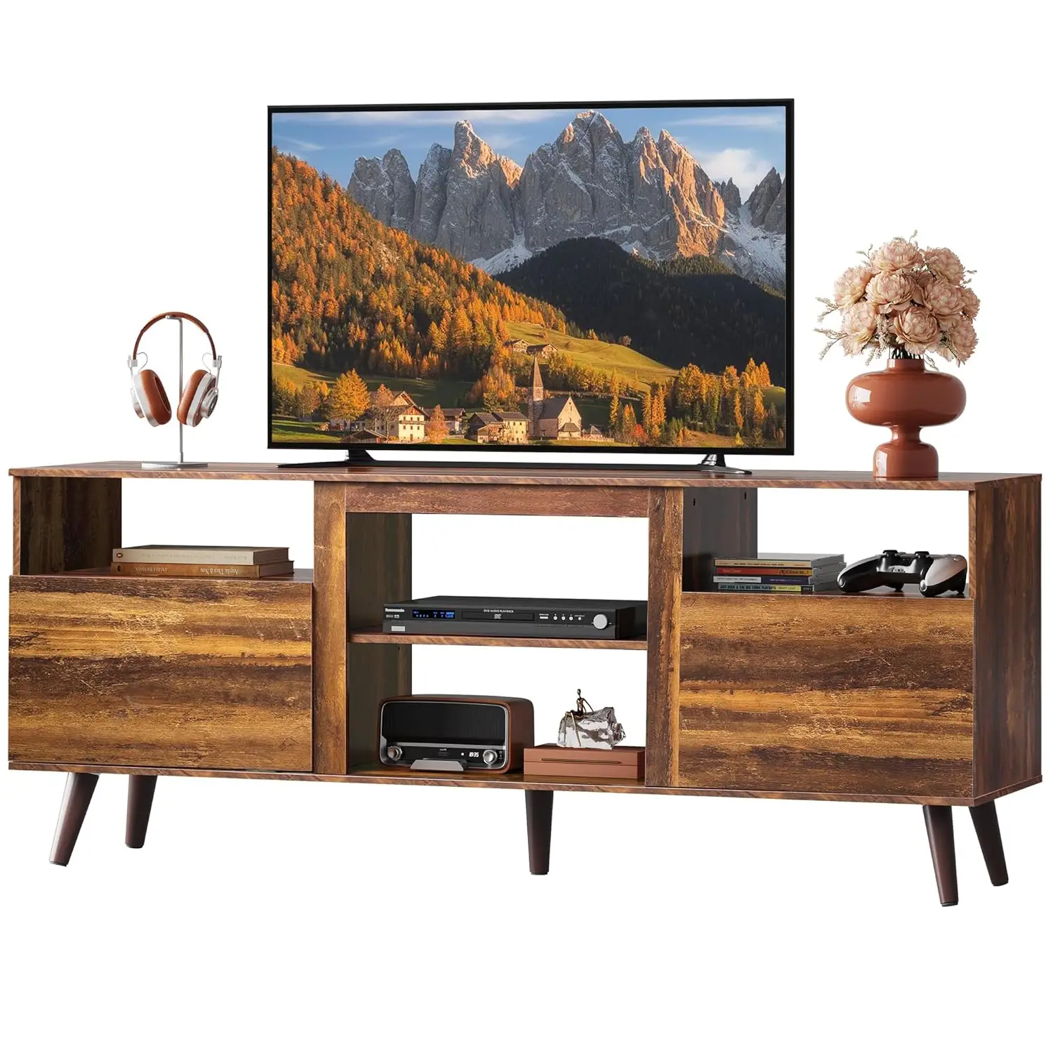 

Mid-Century TV Stand Console Open Shelf Storage Cabinet Living Room Bedroom 55-65 Inch Brown, Custom