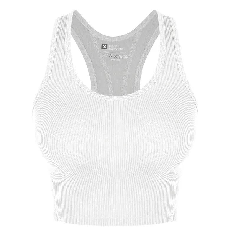 Basic Crop Tops Racerback Yoga Vest Vrouwen Gym Naadloze Rib Gebreide Tanktops Vrouwelijke Bh Zonder Beha