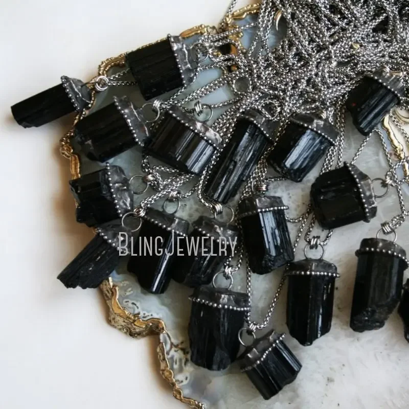 10pcs Black Tourmaline Crystal Necklace Schorl Statement Goth Gothic Vampire Witch Wicca Witchcraft Stainless Steel Emo Jewelry