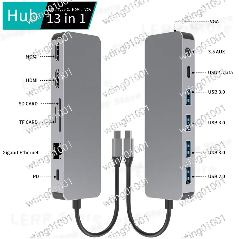 13-in-1 Multi-Port USB-C Docking Station with Dual HDMI Ports Gigabit Ethernet VGA and USB-C Hub for Laptop