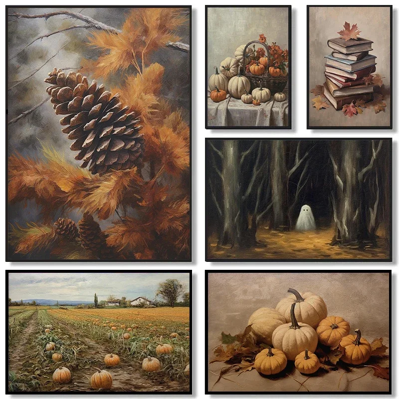Autumn Landscape Books Posters and Prints Canvas Printing Vintage Pumpkin Farm Wall Art Picture for Living Room Decor Art Pos