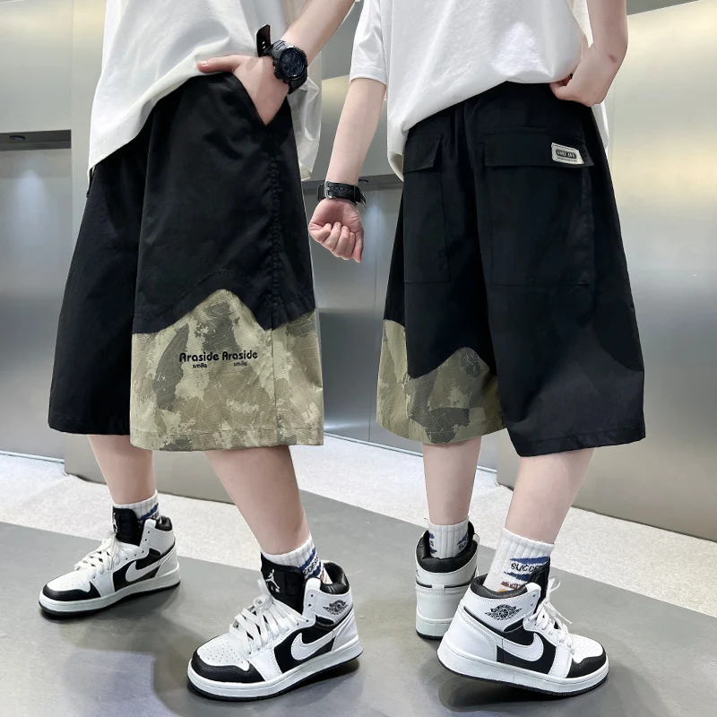 Summer Kids Luxury Clothing Streetwear Retro Patchwork Camouflage Short For Boys y2k Casual Black Hip Hop Loose Shorts Children
