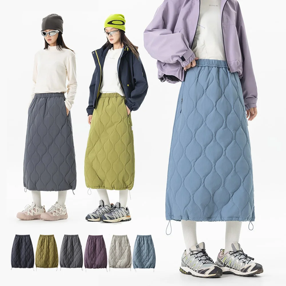 Women Autumn Winter Outdoor Drawstring Padded Cotton Quilted Cargo Skirt Girl City Walk Streetwear Loose Casual Y2k Track Skirts