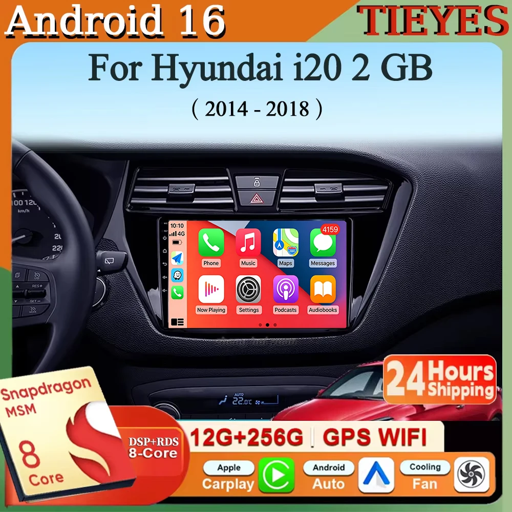 Android 16 Carplay&Auto Car Radio Navigation Multimedia Stereo Player QLED GPS For Hyundai i20 2 GB 2014 - 2018