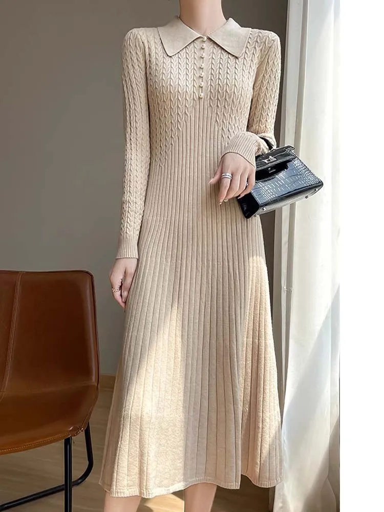 

Тонкое вязаное платье с воротником-поло в стиле ретро, новинка 2025, модная осенняя женская одежда