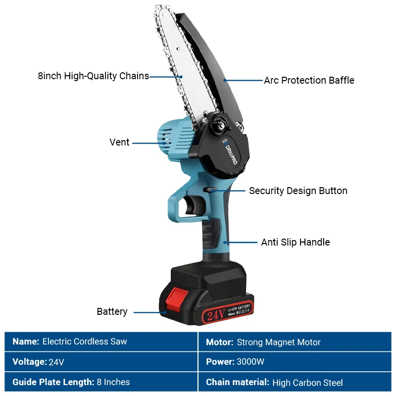 Drillpro 8 Inch Electric Chain Saw Cordless Woodworking Handheld Pruning Chainsaw Garden Cutting Tools For Makita 18V Battery