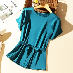 Big Size Summer New Silky Acetic Acid Satin T-shirt Round Neck Women Loose Top Lazy and Versatile Acetate Satin T-shirt