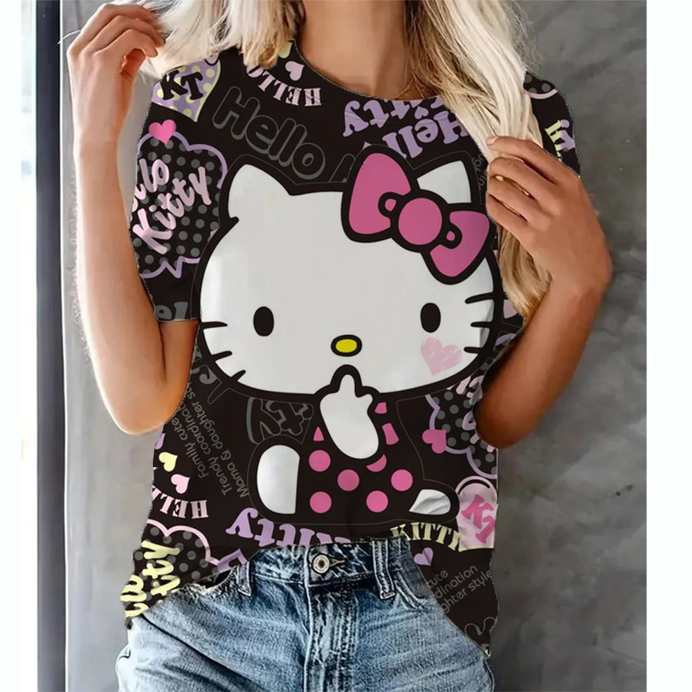 Hello Kitty Tops Trend Clothing Women\'s T shirts Fashion Streetwear Woman Tees Short Sleeves T-shirt Casual Girls Bow knot Top