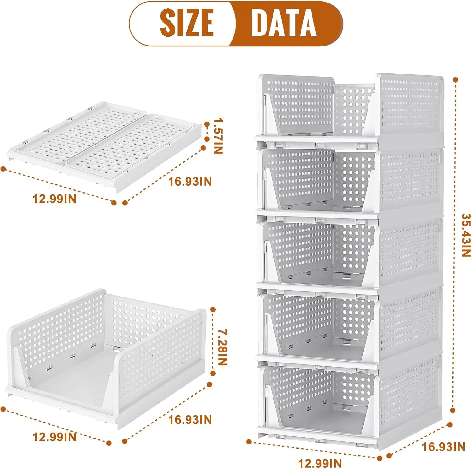 5 عبوات من صناديق بلاستيكية قابلة للتكديس، منظمات خزانة قابلة للطي لتخزين الملابس (5 لتر، أبيض)