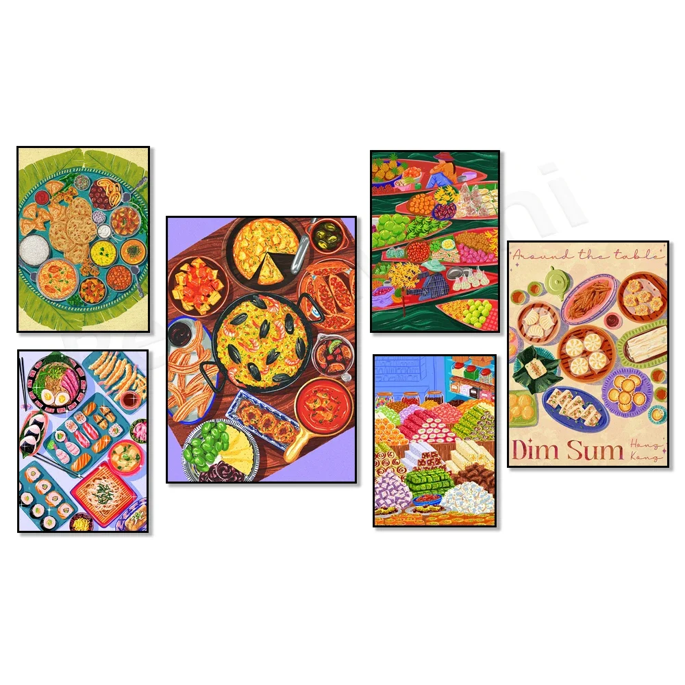 Indian food, Turkish delight, Japanese sushi, Thai floating market, toast, feast, traditional Chinese food, kitchen poster