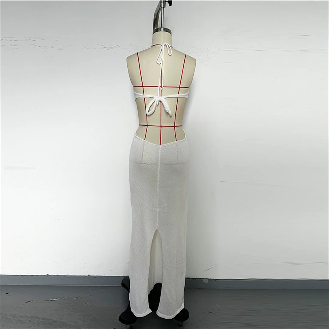 3D-Blumen-Halterneck-Strickkleid mit offenem Rücken, Strandkleid, Strandmode, Strandüberwurf, Damen V6852 – Detail 15