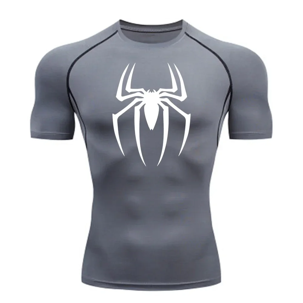 Men's Spider Print Compression Shirt, Quick Dry T-Shirt, Gym Running Jersey, Breathable Short Sleeve, Spring, Summer, M-3XL