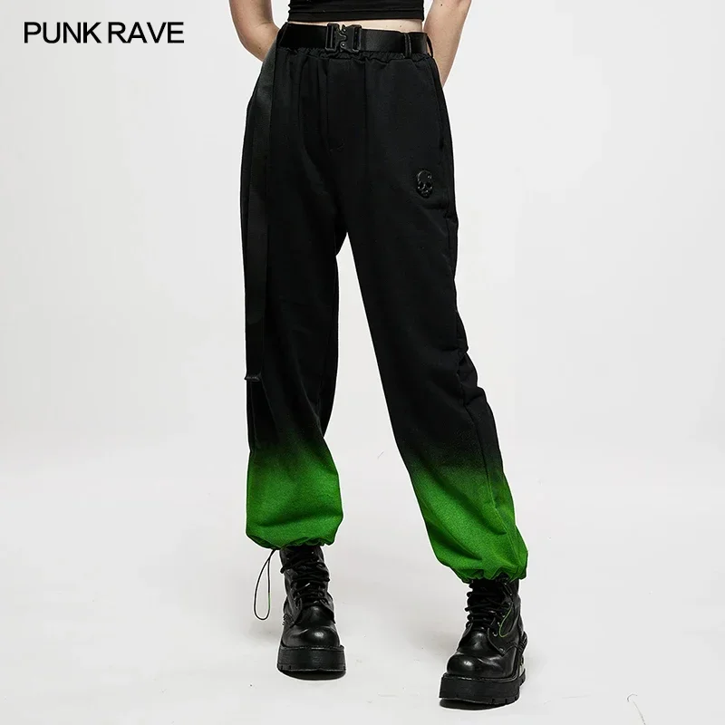 PUNK RAVE Women's Dark Black-green& Black-red Waist Loose Belt Gradient Overalls Punk Daily Women Trousers Spring/Autumn