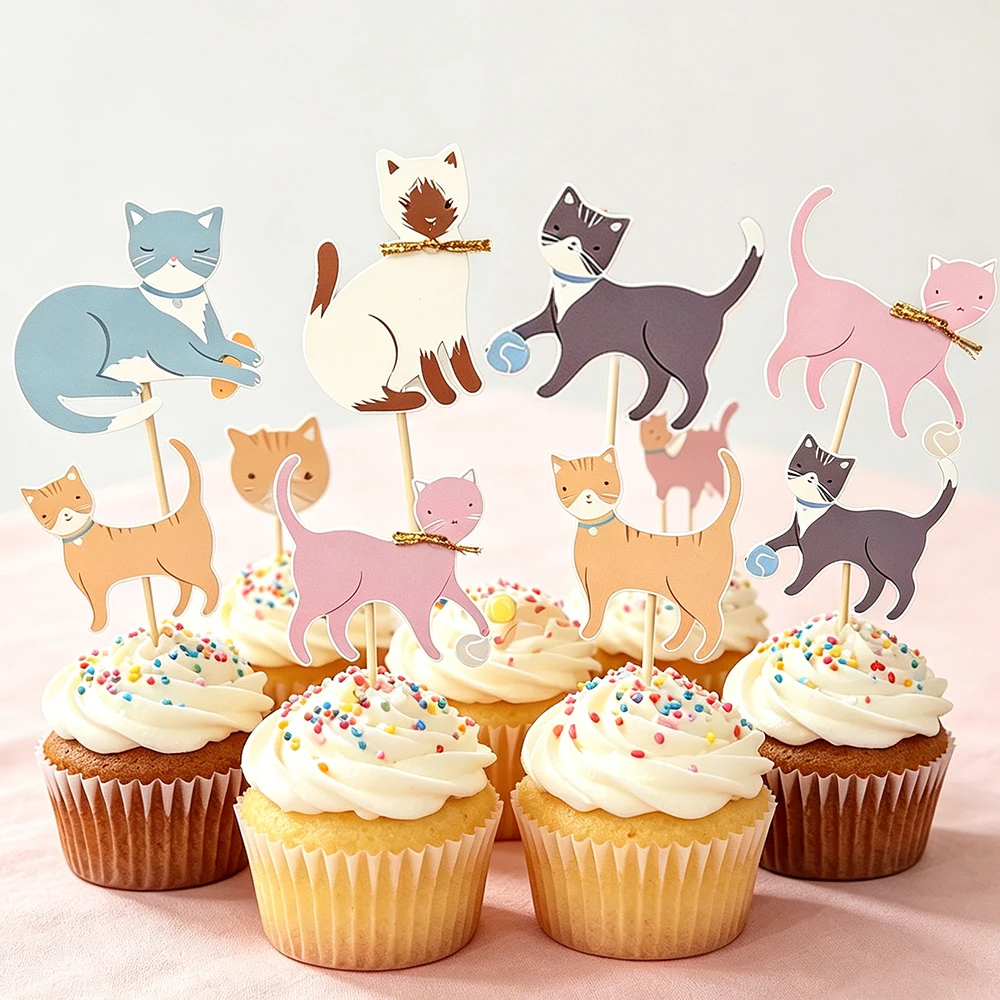 Niedliche Katzen-Cupcake-Topper, Kätzchen-Haustier-Thema Kuchendekorationen für Jungen- und Mädchen-Geburtstage, Babypartys, Katzen-Thema Geburtstagsparty-Zubehör