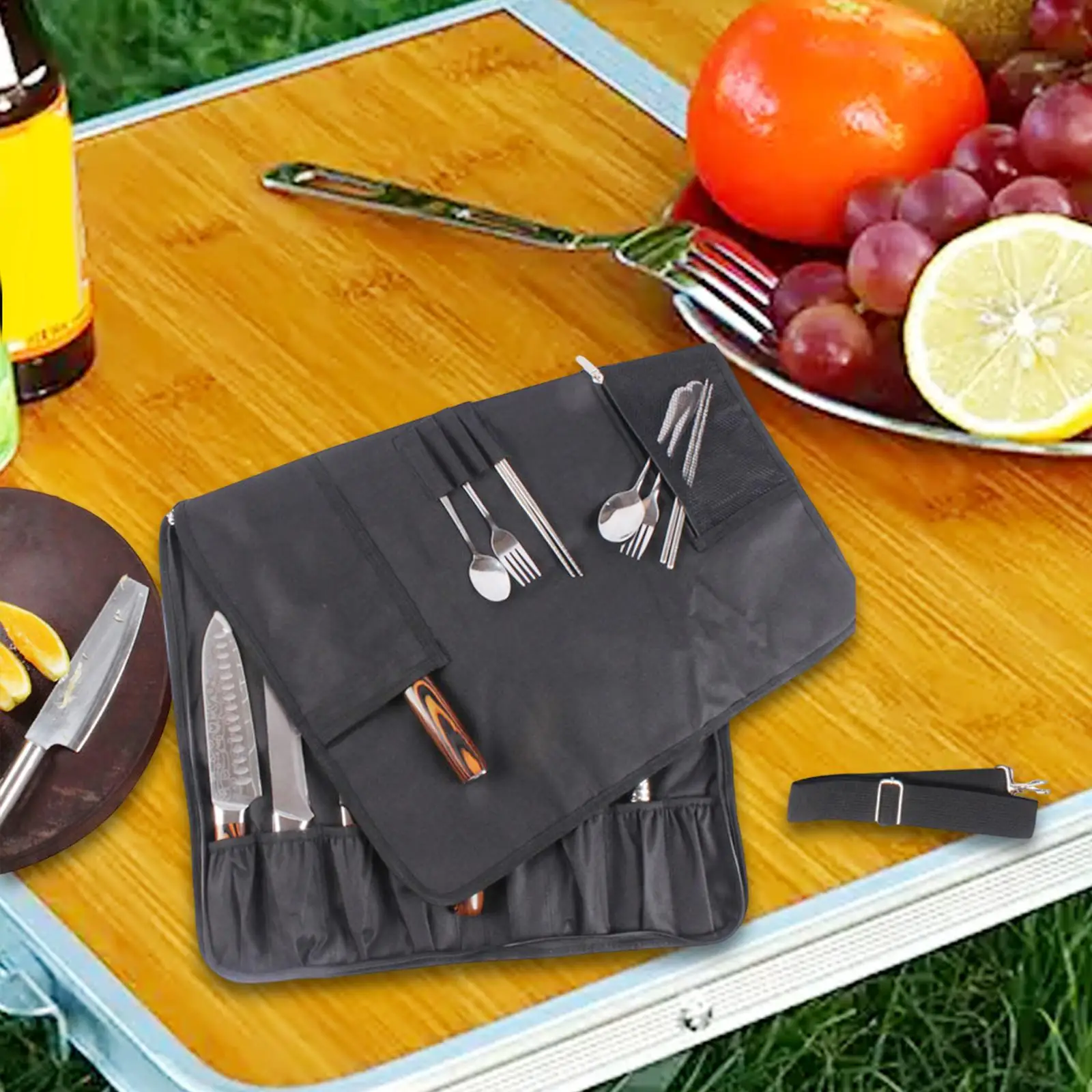 

Knife Roll Bag Wear Resistant Folded Space Saving Pockets with Shoulder Strap for Kitchen Barbecue Outdoor Traveling Camping